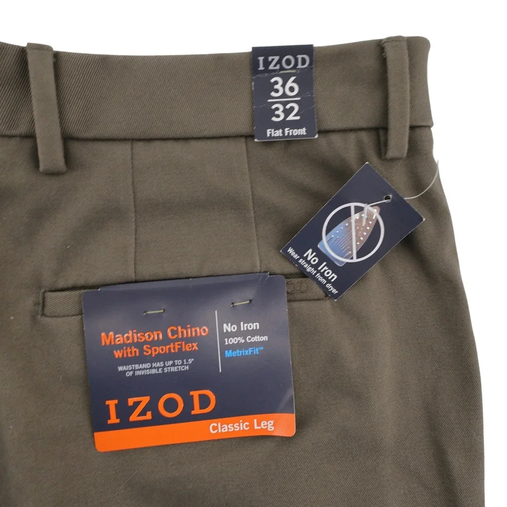 NEW IZOD Madison SportFlex Flat Front Chino Pants Tarmac Mens 36x32